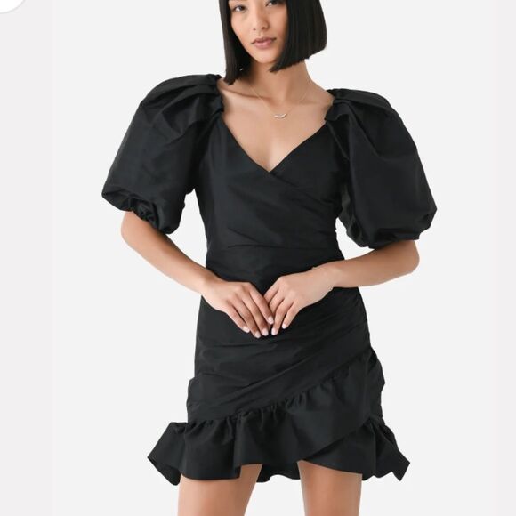 NWT MISA Los Angeles SYBIL DRESS black taffeta mini party ruched XS - Picture 1 of 9